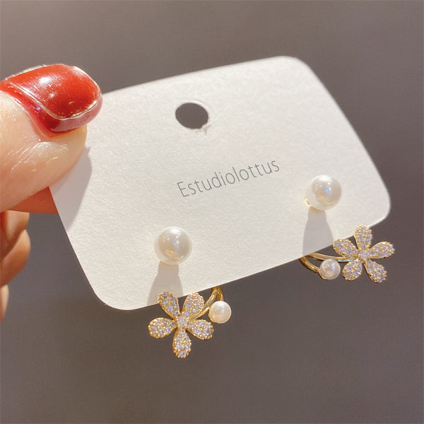 Estudiolottus Small Design Sense Pearl Flower Earrings New Fashion Light Luxury Sterling Silver Two Wear Earrings and Earrings for Women